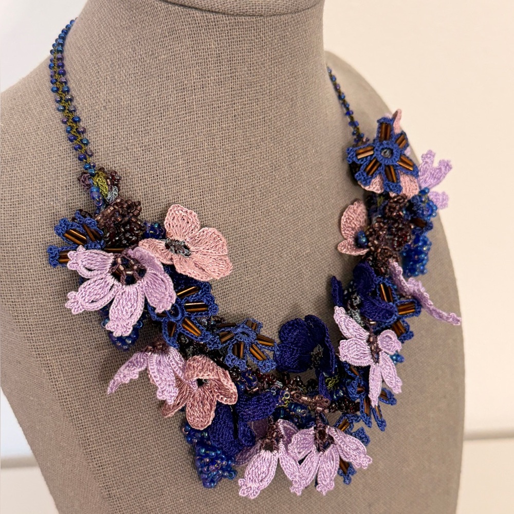 Collectable Traditional Turkish Oya Necklace Needlelace Pink, Blue, Violets